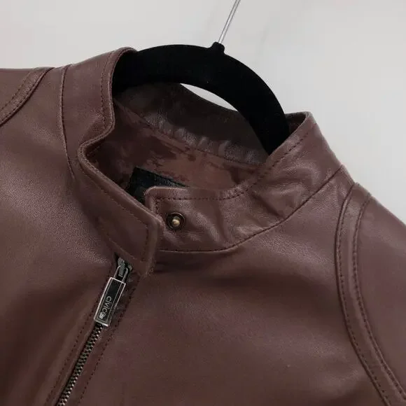 Robert Comstock Leather Jacket Moto Racer Biker Womens 42 / M Fitted Brown Italy - Picture 2 of 14